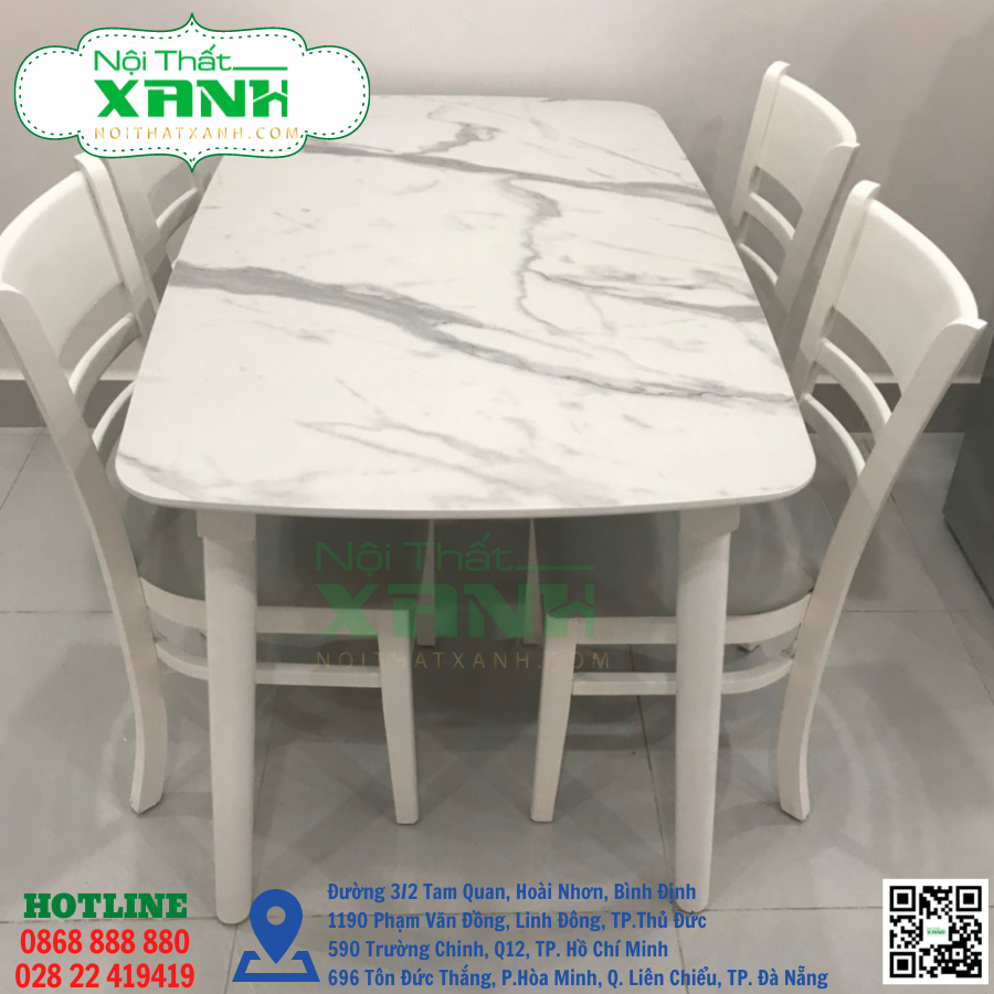 Bộ bàn ghế ăn cao cấp mặt đá marble trắng ghế cabin -Nội Thất Xanh